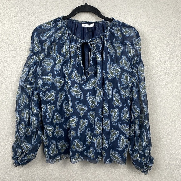 NWT Unsubscribed Romantic Blouse Navy Blue Paisley Silk Long Sleeve Oversized 6 - Picture 1 of 12